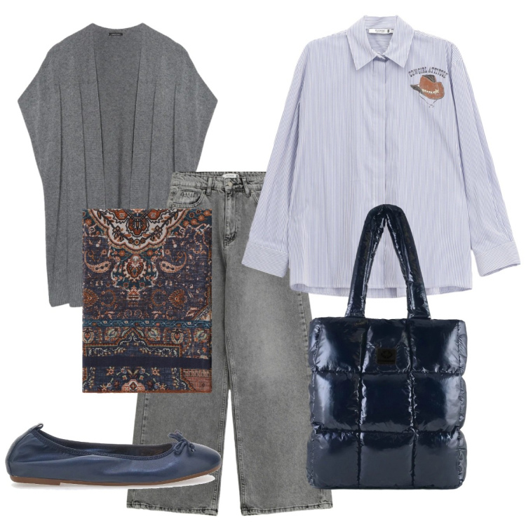 Outfit donna - Ordinary casual. Stile Casual per Tutti i giorni. Abbinamento con foulard, camicie, jeans, shopping bag, gilet, ballerine.