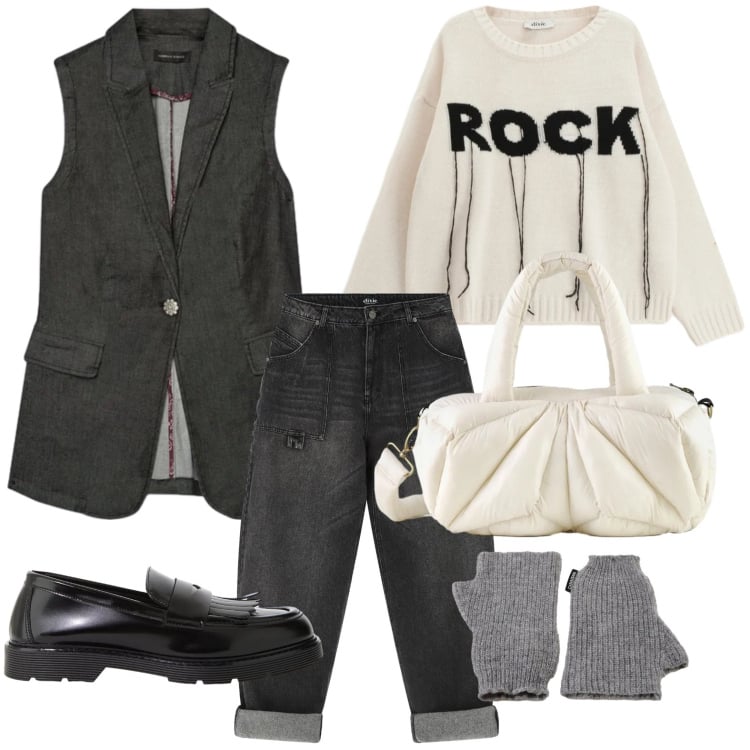 Outfit donna - Il gilet in denim. Stile Minimal per Tutti i giorni. Abbinamento con maglieria, mocassini, jeans, guanti, borse a mano, gilet.