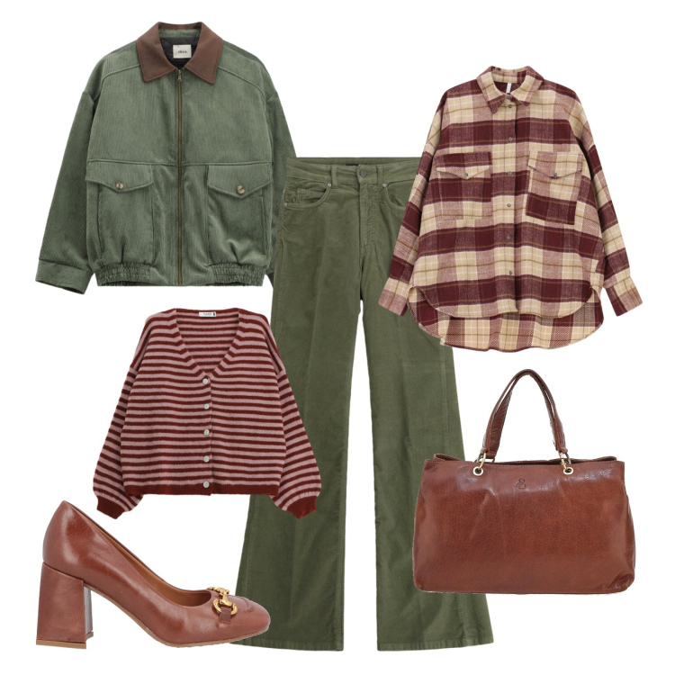 Outfit donna - British di tendenza. Stile Trendy per Tutti i giorni. Abbinamento con décolleté, camicie, jeans, bomber, cardigans, borse a tracolla.