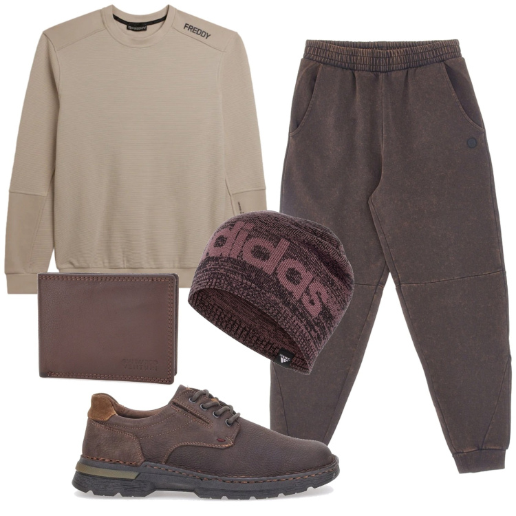 Outfit uomo - Total look #2334440. Stile Casual per Tutti i giorni. Abbinamento con felpe, scarpe stringate, berretti, portafogli, pantaloni.