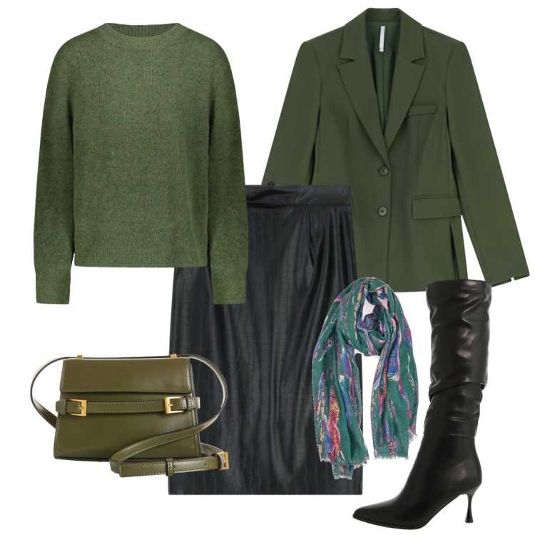 Outfit donna - Green day. Stile Bon Ton per Ufficio. Abbinamento con borse a tracolla, stivali sopra il ginocchio, blazer, gonne, maglieria, foulard.