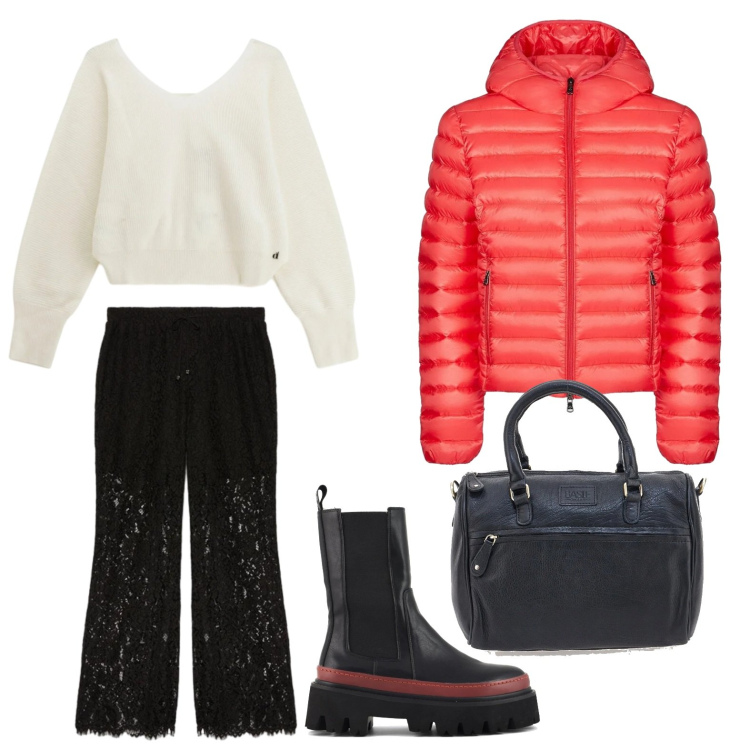 Outfit donna - Pantaloni in pizzo. Stile Chic per Tutti i giorni. Abbinamento con maglieria, bomber, pantaloni, borse a tracolla, stivaletti chelsea.