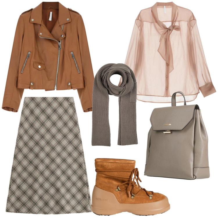 Outfit donna - Stile unico. Stile Casual per Tutti i giorni. Abbinamento con zaini, stivali da neve, sciarpe, giacche, camicie, gonne longuette.