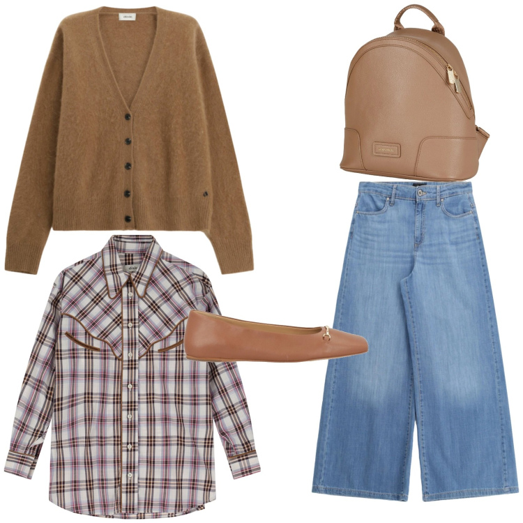 Outfit donna - Cozy outfit inspo. Stile Urban per Tutti i giorni. Abbinamento con zaini, ballerine, camicie, cardigans, jeans.