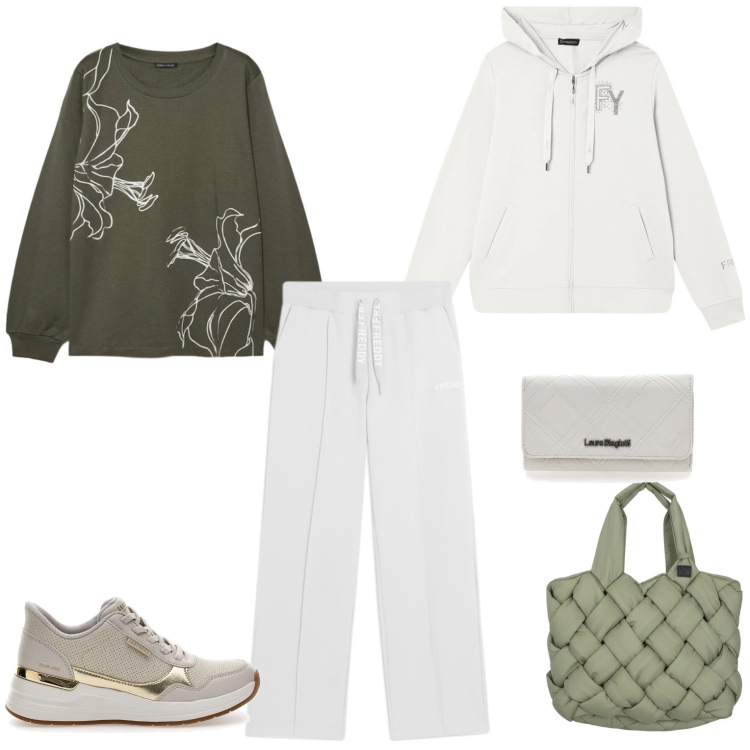 Outfit donna - Sportivo da passeggio. Stile Sporty chic per Tutti i giorni. Abbinamento con felpe con cappuccio, pantaloni, borse tote, felpe, sneakers, portafogli.
