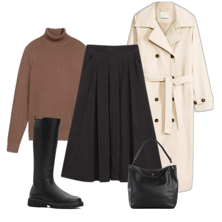 Outfit femme - Jupe midi plissée. Style Minimal pour Tous les jours. Assortir avec pulls, jupes au genou, imperméable, sacs en bandoulière, bottes.