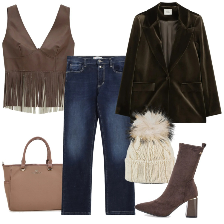 Outfit donna - Ecopelle e velluto. Stile Casual chic per Serata fuori. Abbinamento con blazer, top, jeans dritti, berretti, borse a tracolla, stivaletti.
