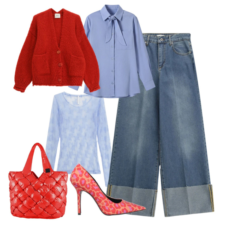 Outfit donna - Un tocco di rosso ️. Stile Trendy per Serata fuori. Abbinamento con décolleté, bluse, cardigans, jeans, camicie, borse tote.