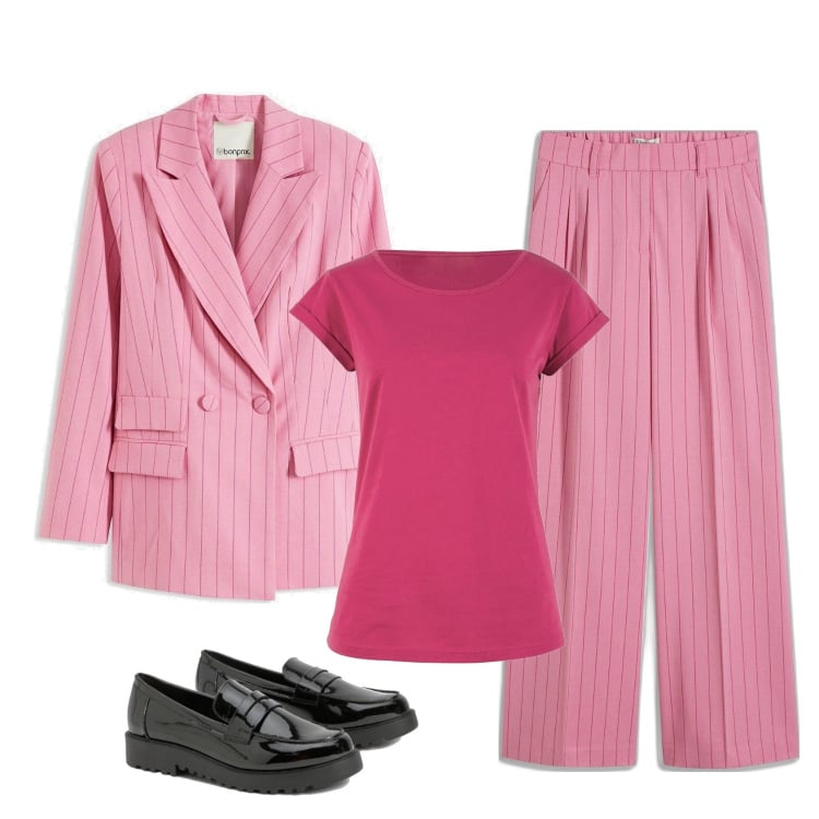 Outfit femme - Barbie Girl. Style Casual chic pour Bureau. Assortir avec pantalon large en bas, blazers, t-shirts, mocassins.