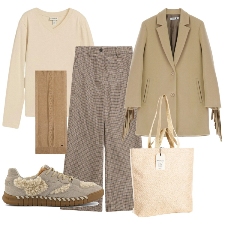 Outfit donna - Comfy beige. Stile Bon Ton per Tutti i giorni. Abbinamento con maglieria, borse tote, pantaloni a palazzo, cappotti, sciarpe, sneakers.