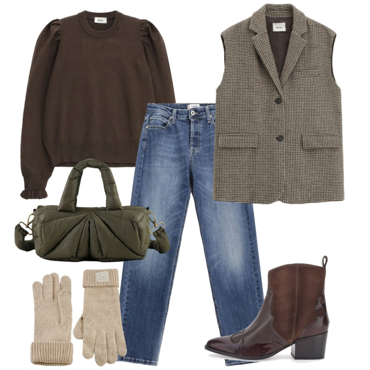 Outfit donna - French gilet. Stile Bon Ton per Ufficio. Abbinamento con gilet, maglieria, jeans, guanti, borse a mano, stivaletti texani.