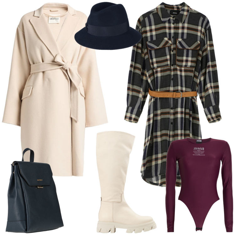 Outfit donna - Trendy ufficio tempo libero. Stile Trendy per Tutti i giorni. Abbinamento con cappelli, cappotti, stivali, body, zaini, vestiti midi/longuette.