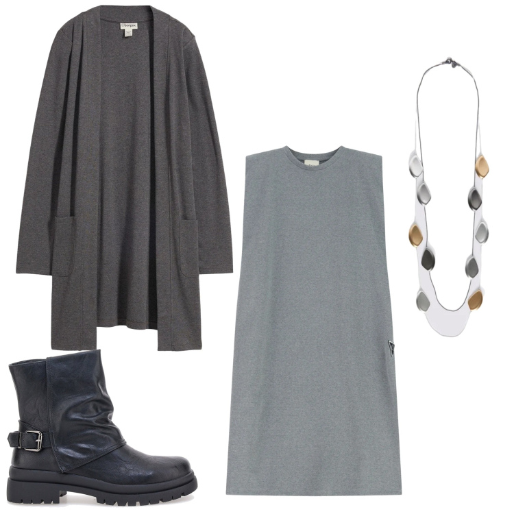 Outfit donna - Tutto grigio. Stile Casual chic per Tutti i giorni. Abbinamento con cardigans, vestiti midi/longuette, collane, stivaletti.
