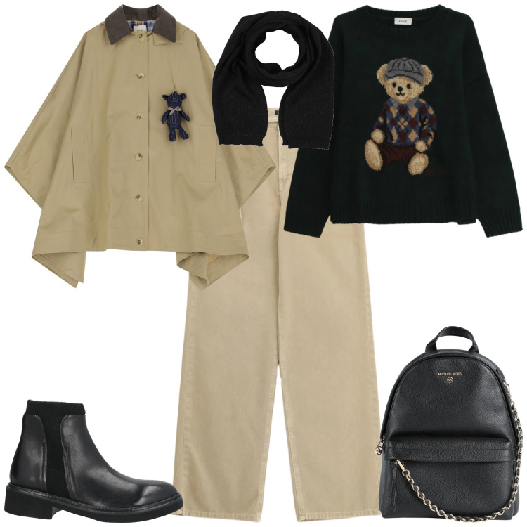 Outfit donna - Trendy ufficio tempo libero. Stile Trendy per Ufficio. Abbinamento con zaini, sciarpe, stivaletti chelsea, pantaloni a palazzo, trench, maglieria.