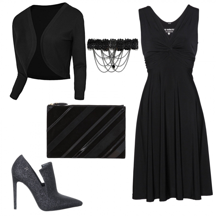 Outfit donna - Chic #1471. Stile Chic per Serata fuori. Abbinamento con pochette effetto vernice con zip interno foderato in pelle tinta unita, vestiti, tronchetti glitter nero, bolero lavorato a maglia con bottoni, catena pendenti con pizzo fantasia floreale con perline girocollo con fasce in seta con catenina.