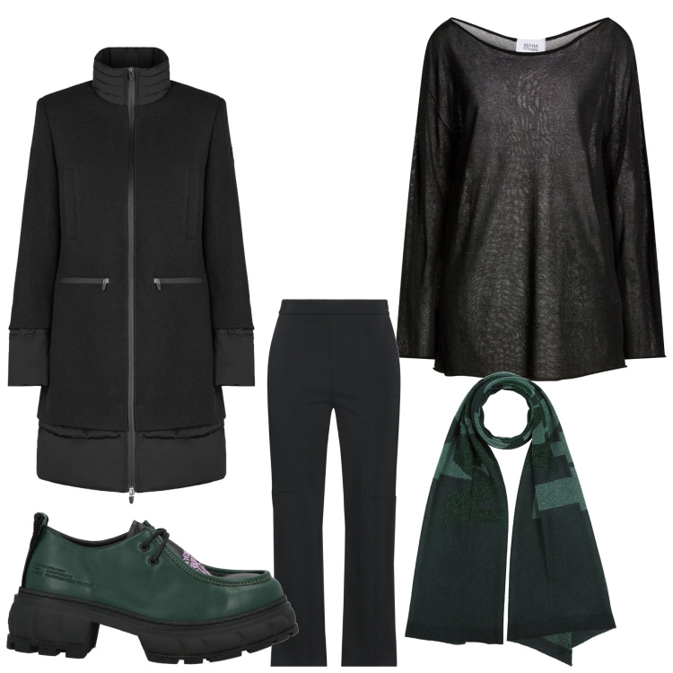 Outfit donna - Un tocco di verde. Stile Casual chic per Tutti i giorni. Abbinamento con pantaloni, pullovers, scarpe stringate, sciarpe, cappotti.