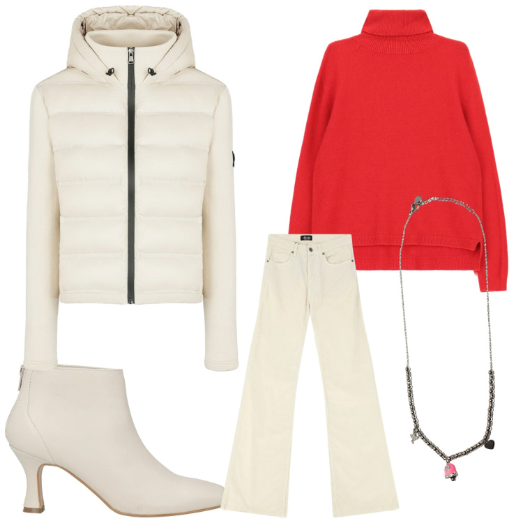 Outfit donna - Combinazione. Stile Casual chic per Tutti i giorni. Abbinamento con stivaletti, maglieria, jeans, ciondoli, piumini.