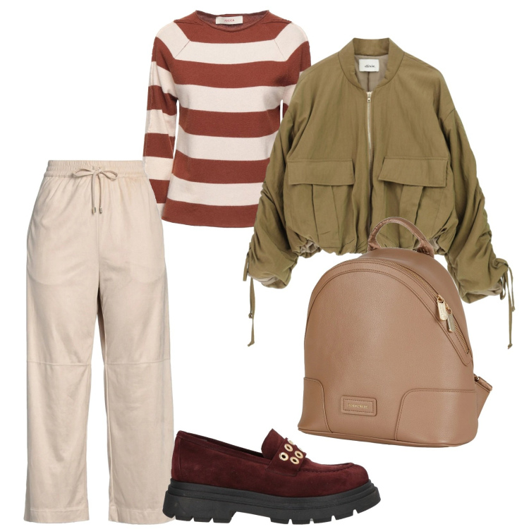 Outfit donna - Comoda. per Tutti i giorni. Abbinamento con zaini, mocassini, pullovers, pantaloni, bomber.