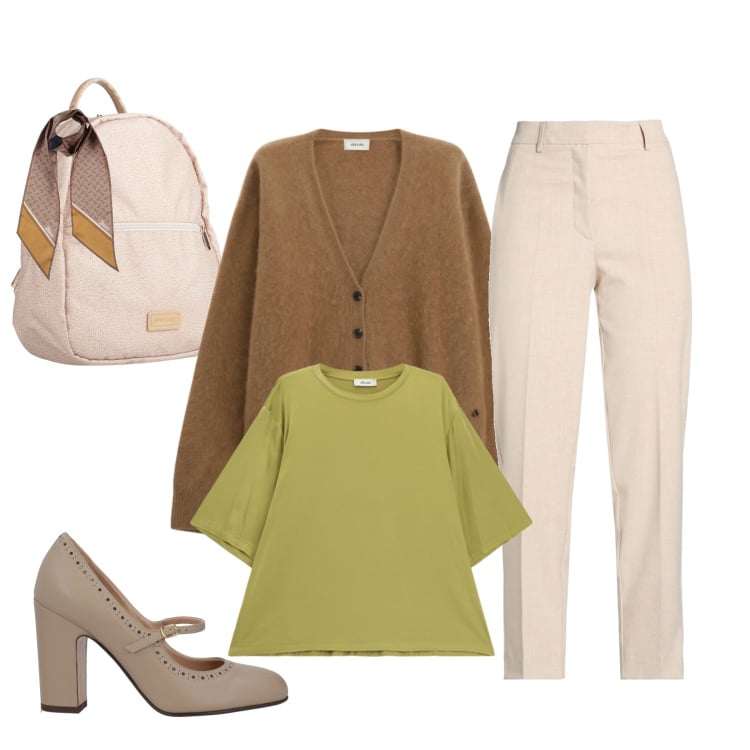 Outfit donna - Lime Punch & Cozy Earth Tones. Stile Glamour per Tutti i giorni. Abbinamento con zaini, sciarpe, pantaloni, décolleté, cardigans, t-shirt.