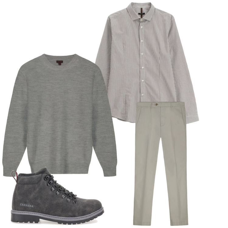 Outfit uomo - Scala di grigi. Stile Casual per Tutti i giorni. Abbinamento con camicie, anfibi, maglieria, pantaloni chino.