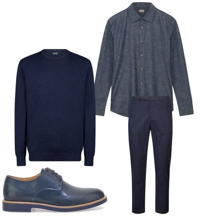 Outfit uomo - In blu. Stile Casual per Tutti i giorni. Abbinamento con scarpe stringate, camicie, maglieria, pantaloni.