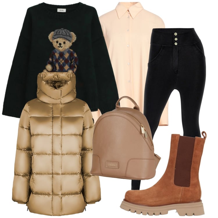 Outfit donna - Total easy. Stile Casual chic per Tutti i giorni. Abbinamento con zaini, stivaletti, camicie, maglieria, jeggings, piumini.