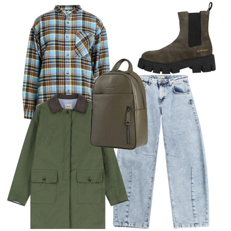 Outfit donna - Fine settimana. Stile Casual per Tutti i giorni. Abbinamento con zaini, camicie, stivaletti chelsea, jeans, parka.