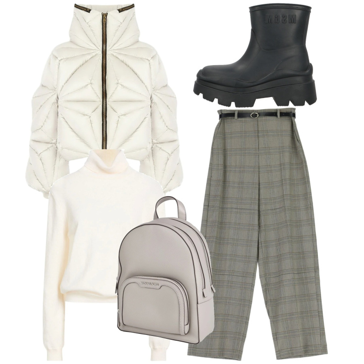 Outfit donna - Total look. Stile Bon Ton per Tutti i giorni. Abbinamento con maglieria, zaini, stivaletti, pantaloni a palazzo, piumini.