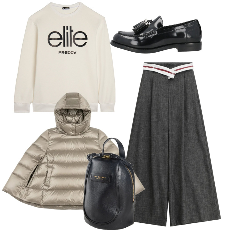 Outfit donna - Total trendy. Stile Trendy per Tutti i giorni. Abbinamento con mocassini, zaini, pantaloni a palazzo, felpe, piumini.