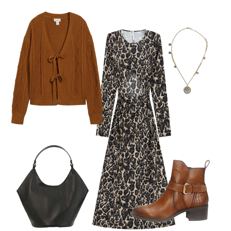 Outfit donna - Wild Safari & Cozy Autumn. Stile Casual chic per Tutti i giorni. Abbinamento con cardigans, vestiti lunghi, ciondoli, borse a spalla, stivaletti.