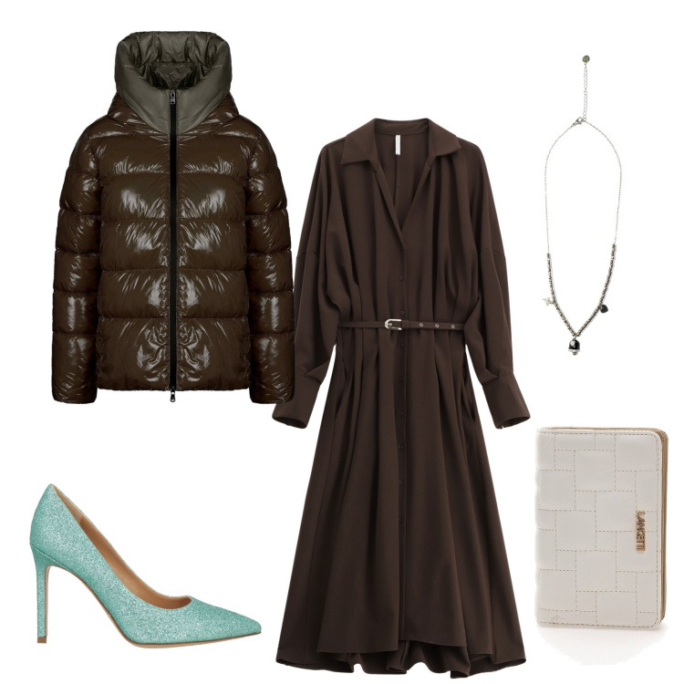 Outfit donna - Choco-Glitter & Urban Sparkle. Stile Glamour per Serata fuori. Abbinamento con décolleté, vestiti lunghi, ciondoli, piumini, portafogli.