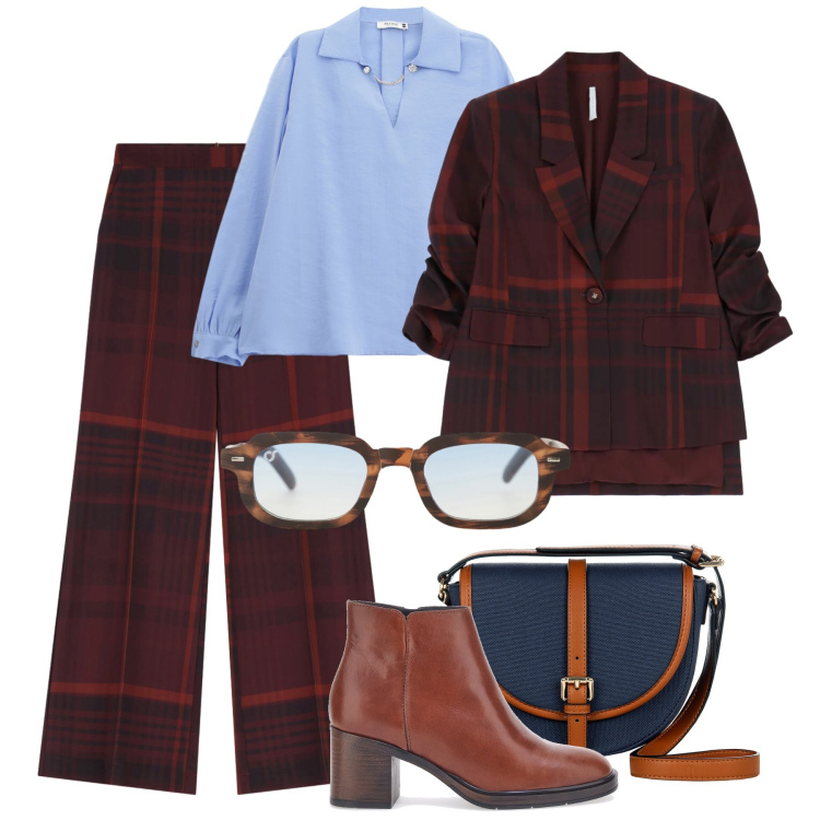 Outfit donna - Completo check. Stile Trendy per Tutti i giorni. Abbinamento con pantaloni a palazzo, blazer, occhiali da sole, borse a tracolla, camicie, stivaletti.