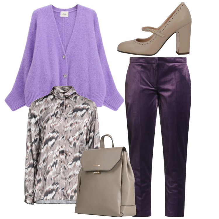 Outfit donna - Serata in viola. Stile Chic per Serata fuori. Abbinamento con pantaloni, camicie, zaini, décolleté, cardigans.