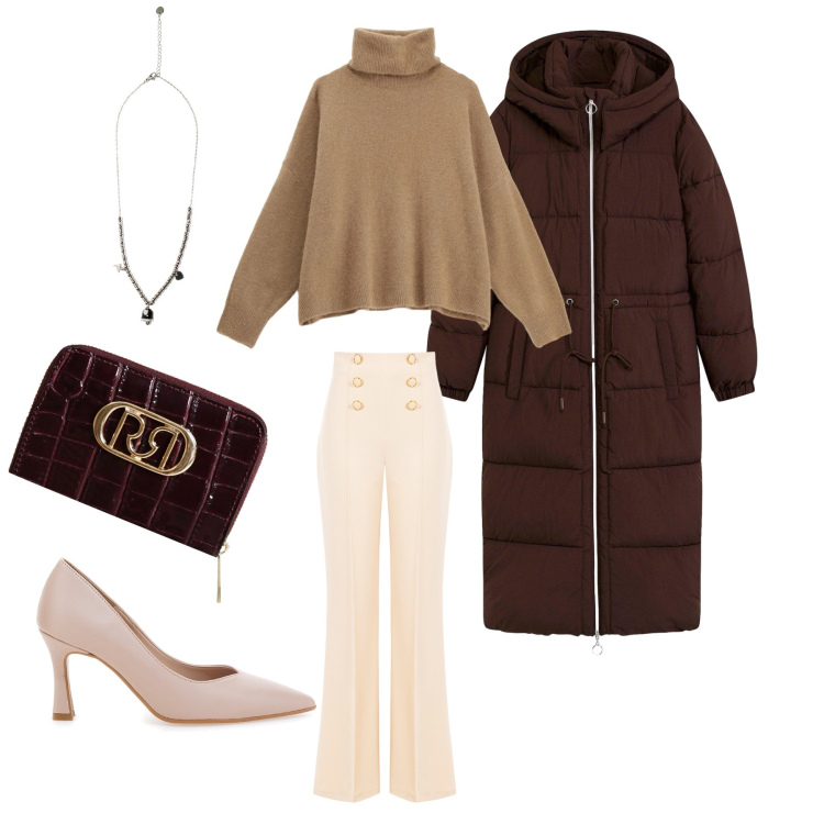 Outfit donna - Warm Sands & Chocolate Hug. Stile Urban per Tutti i giorni. Abbinamento con piumini, maglieria, pantaloni, portafogli, ciondoli, décolleté.