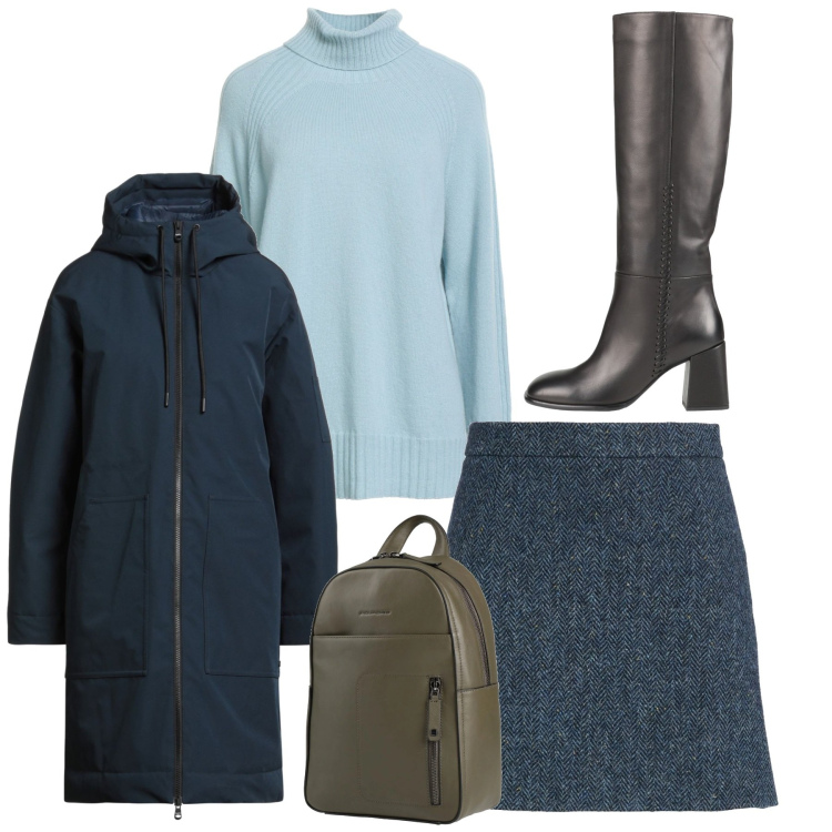 Outfit donna - Blu cielo. Stile Bon Ton per Tutti i giorni. Abbinamento con minigonne, stivali, zaini, maglieria, parka.