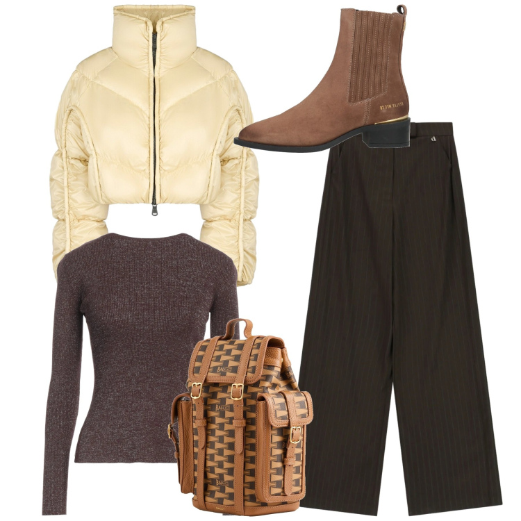 Outfit donna - Brownie. Stile Bon Ton per Tutti i giorni. Abbinamento con zaini, pullovers, stivaletti chelsea, pantaloni a palazzo, piumini.