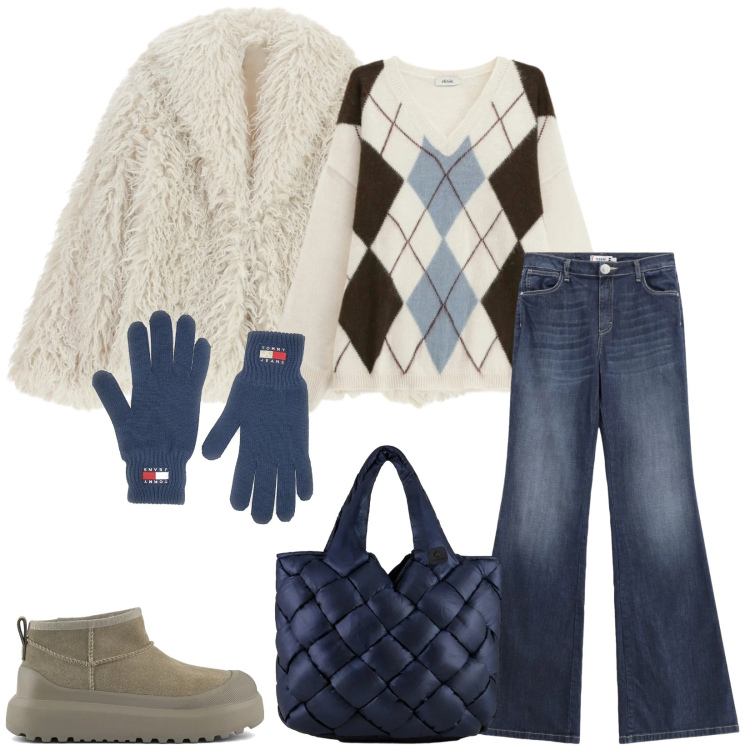 Outfit donna - Total look #2334540. Stile Casual chic per Tutti i giorni. Abbinamento con ecopellicce, maglieria, jeans a zampa, borse tote, stivali, guanti.