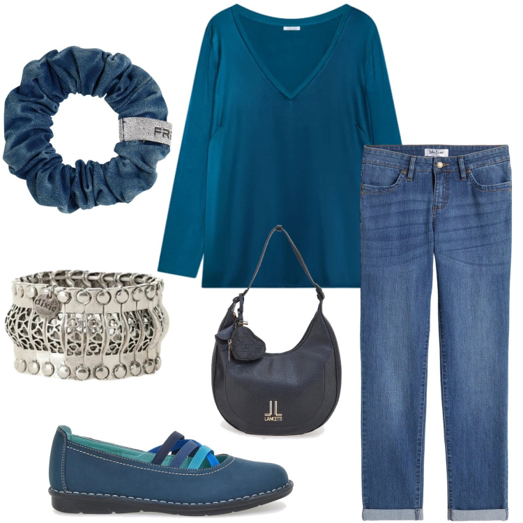 Outfit donna - Total look #2334544. Stile Casual per Tutti i giorni. Abbinamento con jeans dritti, anelli, accessori per capelli, bluse, ballerine, borse a spalla.