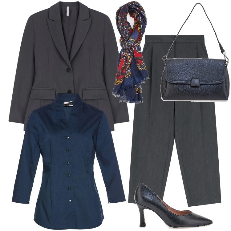 Outfit donna - Total look #2334546. Stile Chic per Ufficio. Abbinamento con camicie, blazer, pantaloni, foulard, décolleté, borse a spalla.