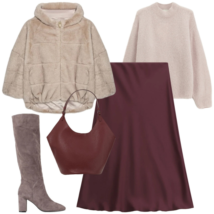 Outfit donna - Febbraio. Stile Trendy per Tutti i giorni. Abbinamento con stivali, gonne longuette, borse a spalla, maglieria, ecopellicce.