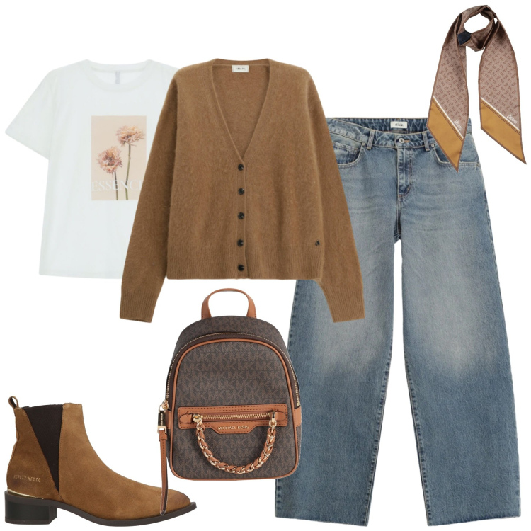 Outfit donna - City. Stile Casual chic per Tutti i giorni. Abbinamento con zaini, sciarpe, stivaletti texani, t-shirt, cardigans, jeans.