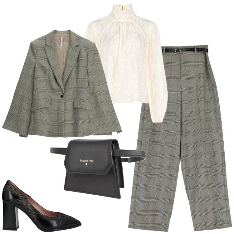 Outfit donna - Febbraio city. Stile Chic per Tutti i giorni. Abbinamento con décolleté, marsupi, blazer, pantaloni a palazzo, bluse.