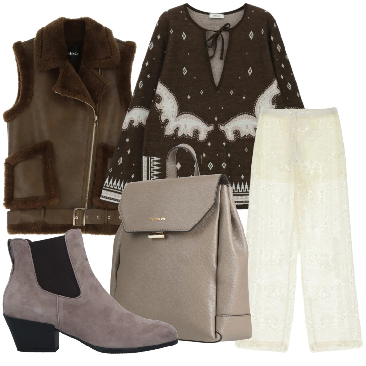 Outfit donna - Total look #2334587. Stile Casual chic per Tutti i giorni. Abbinamento con stivaletti chelsea, zaini, pantaloni a palazzo, maglieria, gilet.