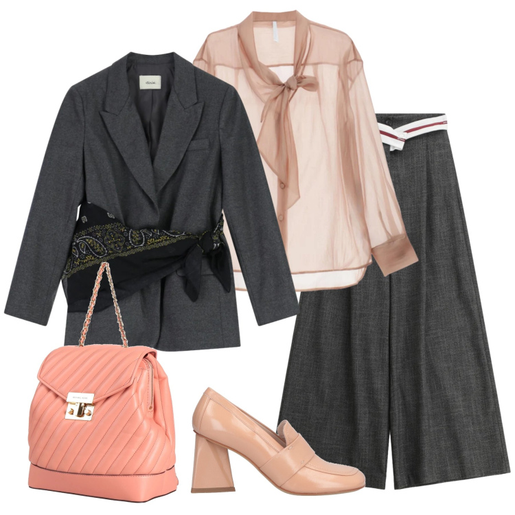 Outfit donna - Total look #2334589. Stile Chic per Tutti i giorni. Abbinamento con zaini, mocassini, pantaloni a palazzo, camicie, blazer.