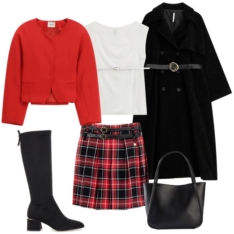 Outfit donna - Total look. Stile Casual chic per Serata fuori. Abbinamento con shopping bag, trench, top, blazer, minigonne, stivali.