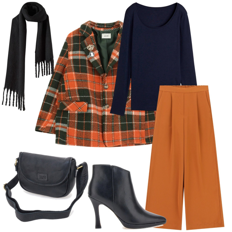 Outfit donna - Total look #2334739. Stile Chic per Ufficio. Abbinamento con maglieria, sciarpe, cappotti, pantaloni a palazzo, stivaletti, borse a tracolla.