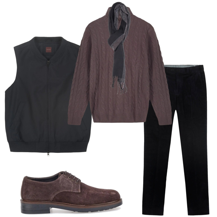 Outfit uomo - Con lo smanicato. Stile Urban per Tutti i giorni. Abbinamento con sciarpe, piumini, scarpe stringate, maglieria, pantaloni.