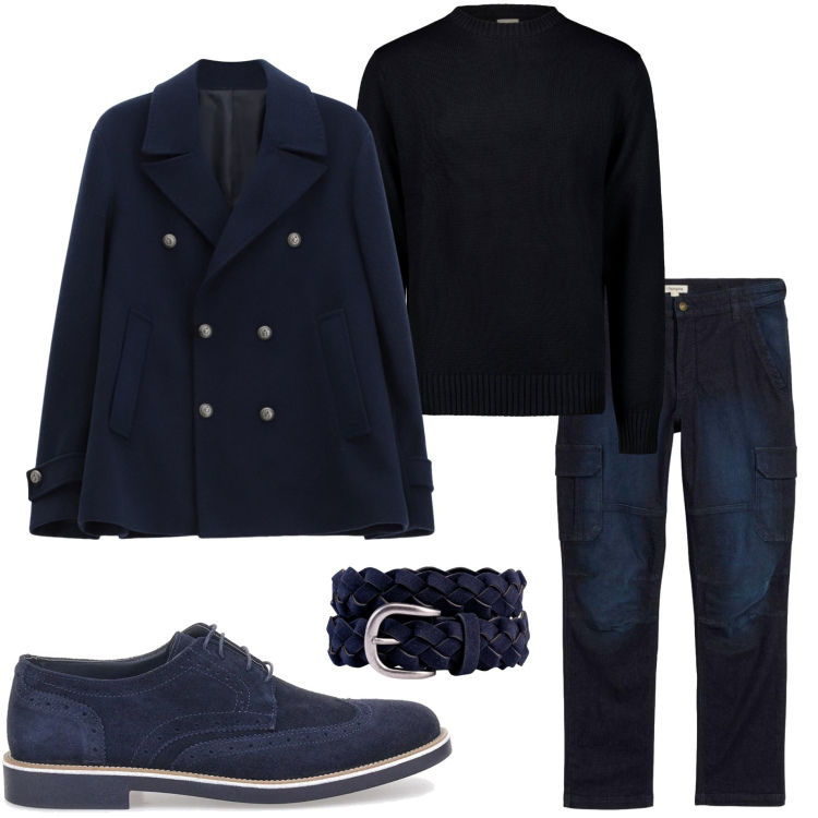 Outfit uomo - Monocolore. Stile Urban per Ufficio. Abbinamento con jeans dritti, cappotti, cinture, scarpe stringate, maglieria.