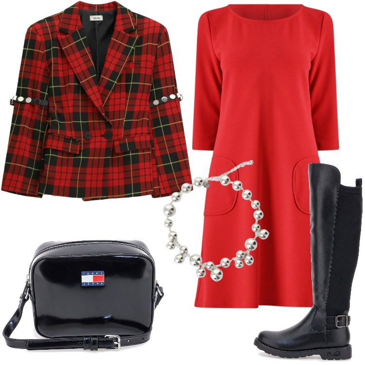 Outfit donna - Rossocuore a febbraio @danipoetessa73. Stile Casual chic per Tutti i giorni. Abbinamento con blazer, collane, vestiti corti, stivali, borse a tracolla.