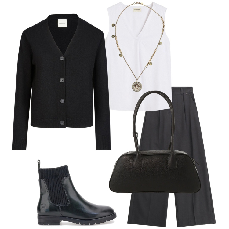 Outfit donna - Total look #2335064. Stile Basic per Tutti i giorni. Abbinamento con top, pantaloni a palazzo, borse a mano, ciondoli, stivaletti, cardigans.